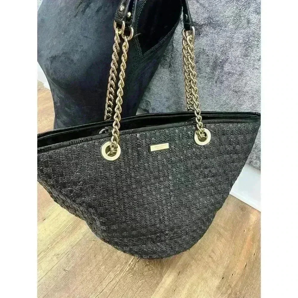Kate Spade Woven Shoulder Bag Gold Tone Chain Satchel Black 10X16 Large